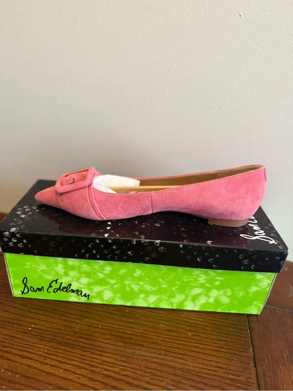 Sam Edelman Sonja Pink Suede Pointed Toe Flat with Buckle NEW